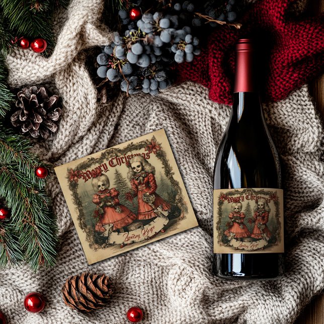 Rótulo de Vinho Espumante de Natal Gótico Personal (Personalised Gothic Christmas Vintage Wine Label)