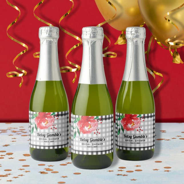 Rótulo de Vinho Espumante Mini com Rosa Vermelha e (Red rose on black and white gingham mini sparkling wine bottle labels)