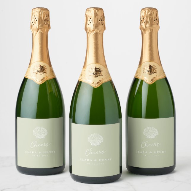 Rótulo de Vinho Espumante Verde Salvia e Concha (Garrafas)