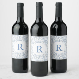 Rótulo de Vinho Floral Francês de Monograma Azul