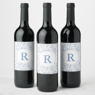 Rótulo de Vinho Floral Francês de Monograma Azul