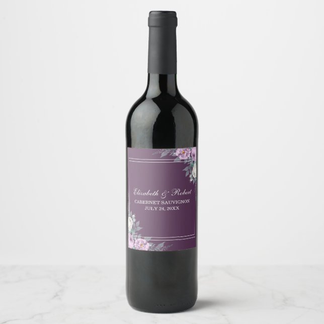 Rótulo de Vinho Roxo Elegante Russo e Pêonias Lilá (Frente)