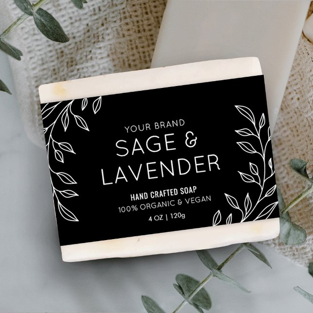 Rótulo do Invólucro do Bar Floral Preto e Branco (Simple Floral Black & White Soap Bar Wrapper Label)