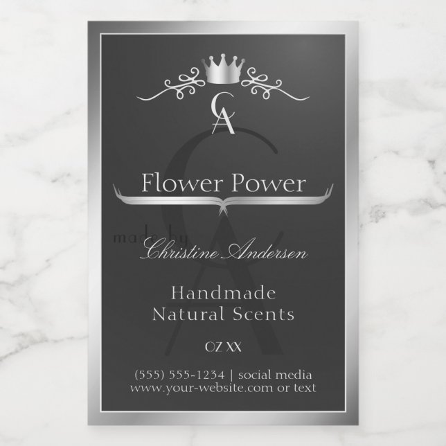 Rótulo Para Comida Anthracite Product Label Silver Frame and Monogram (Rótulo Único)