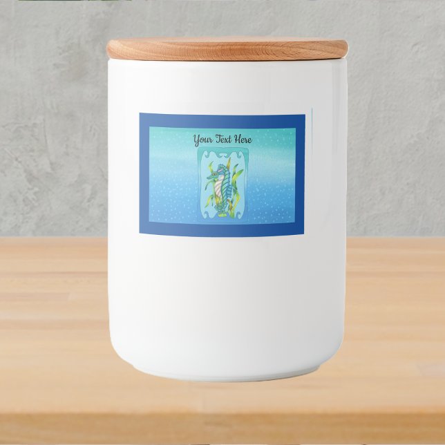 Rótulo Para Comida Bolha de algas Bonito de Aqua Blue Sea Dragon (Fantasy aqua blue sea dragon seaweed wavy frame water bubbles shades of blue border food jar label.)