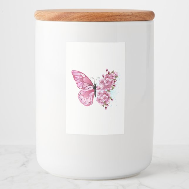 Rótulo Para Comida Borboleta Flor com Sakura Rosa (Frente)