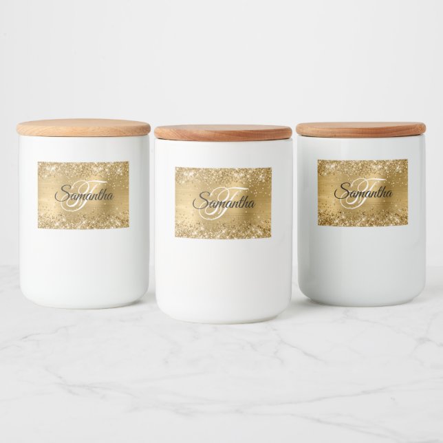 Rótulo Para Comida Brilho Dourado Glam Monograma Chique (Garrafas)
