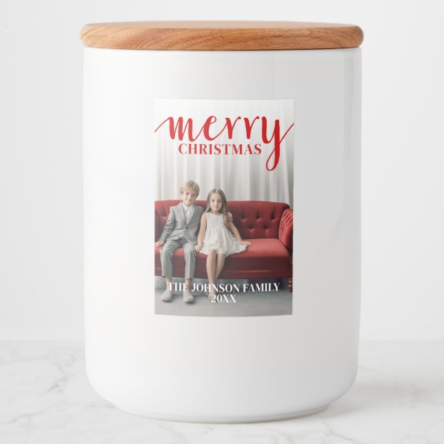 Rótulo Para Comida Caligrafia com Feliz vermelha - tipo branco vertic (Frente)