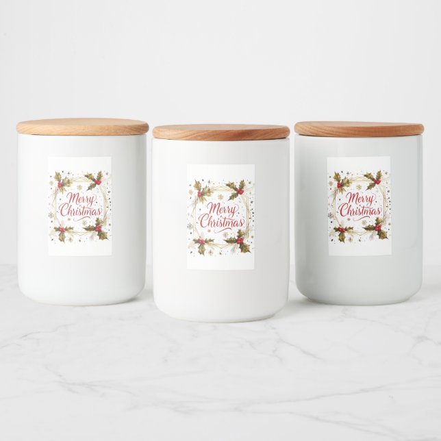 Rótulo Para Comida Cartão de Natal Clássico e Feliz com Holly Design (Garrafas)