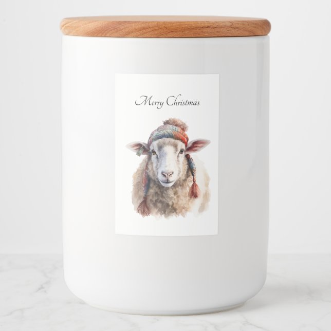 Rótulo Para Comida Chapéu de Inverno Ovelha de Natal Texto Personaliz (Frente)