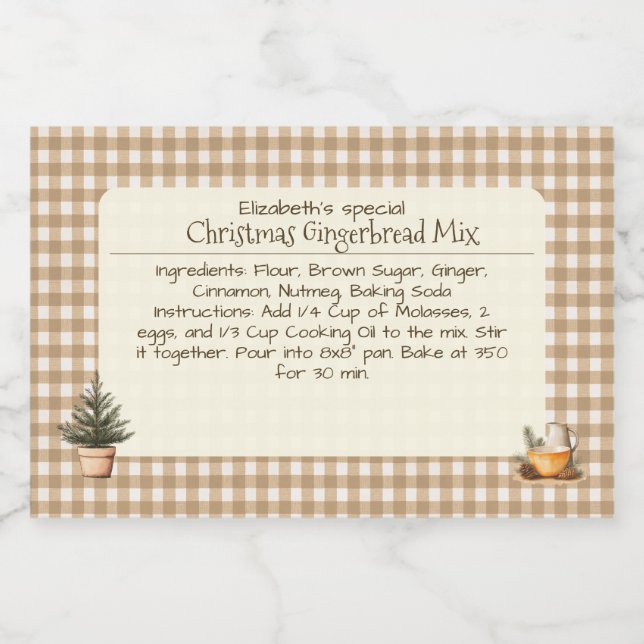 Rótulo Para Comida Christmas Gingerbread Mix Brown Gingham Labels (Rótulo Único)