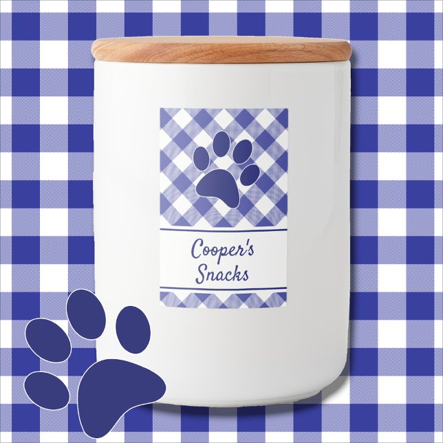 Rótulo Para Comida Classic Blue White Gingham Pattern Paw Name (Criador carregado)