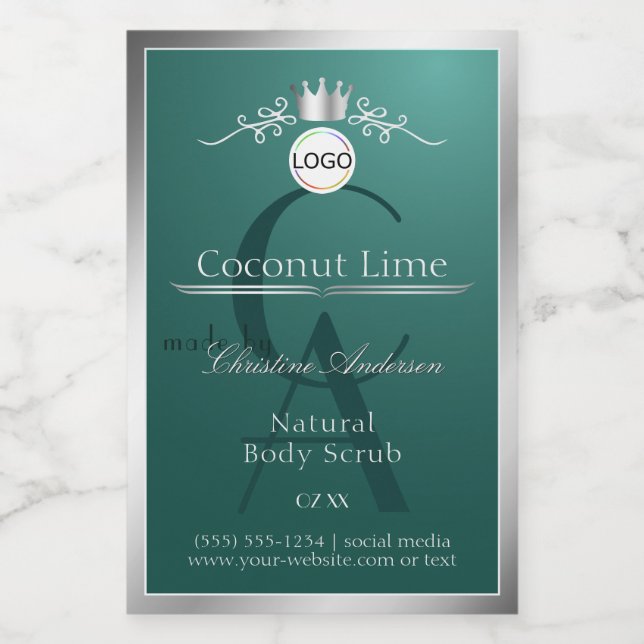Rótulo Para Comida Dark Teal Product Label Silver Frame Logo Monogram (Rótulo Único)