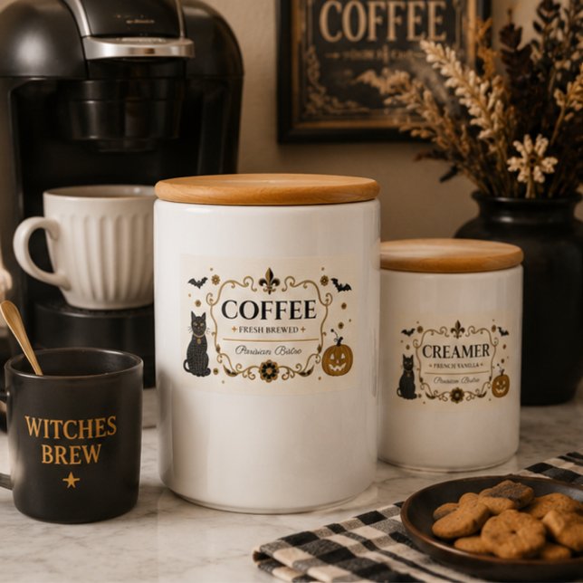 Rótulo Para Comida Despensa em Mosaico de Bistrô Parisiense com Tema  (Halloween pantry labels on coffee and creamer canisters with Parisian mosaic tile coffee bar decor.)