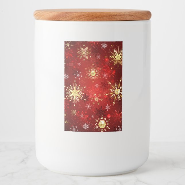 Rótulo Para Comida Flocos de neve do Ouro de Natal em Fundo Vermelho (Frente)