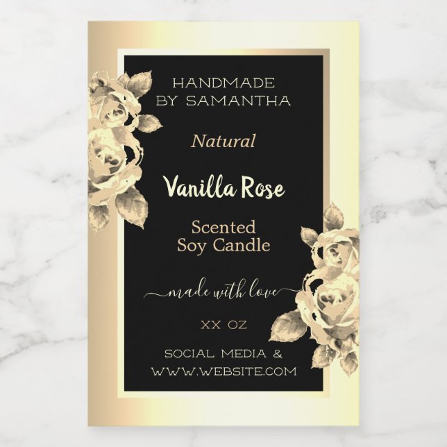 Rótulo Para Comida Floral Black Dourado Product Labels Velas Beleza e (Rótulo Único)