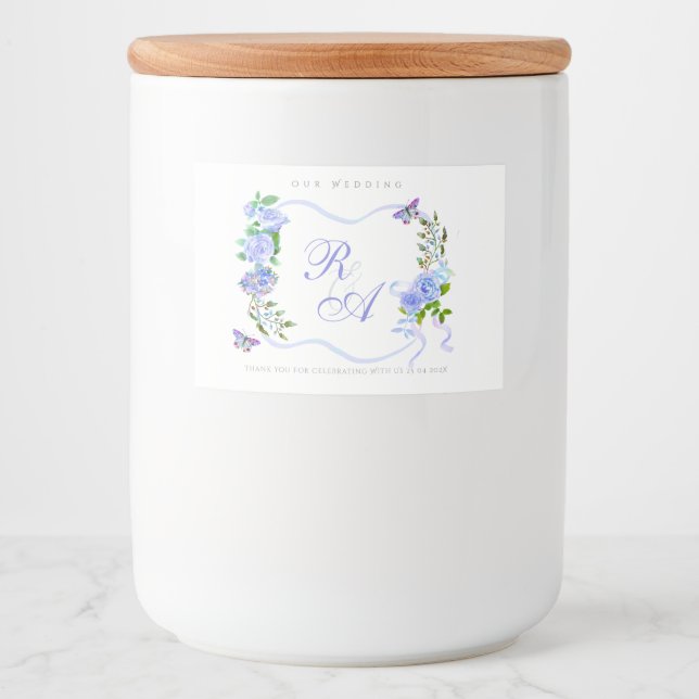 Rótulo Para Comida Monograma de casamento com fita azul (Frente)
