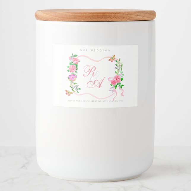 Rótulo Para Comida Monograma de casamento com laço rosa (Frente)