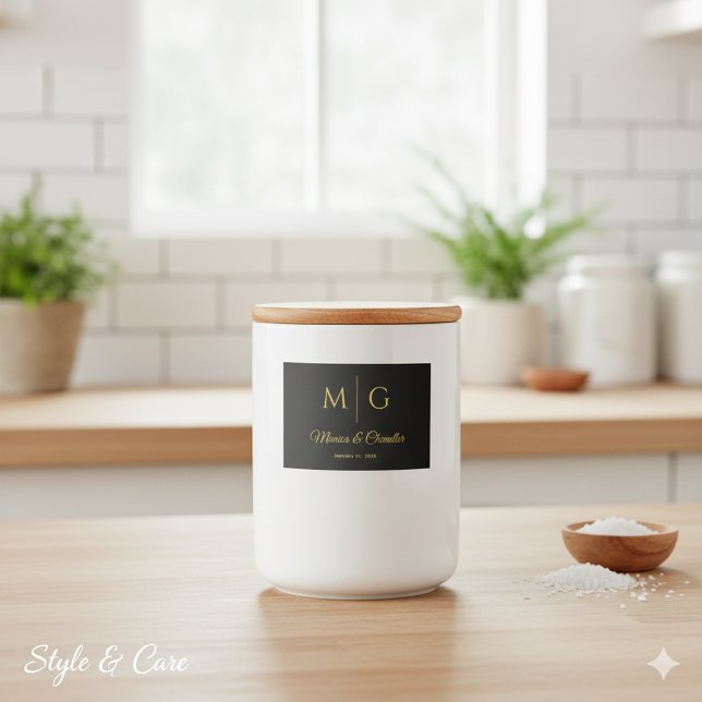 Rótulo Para Comida Monograma Elegante Com Nome do Casal Preto (Stylish Monogram With Couple Name Black Food Label)