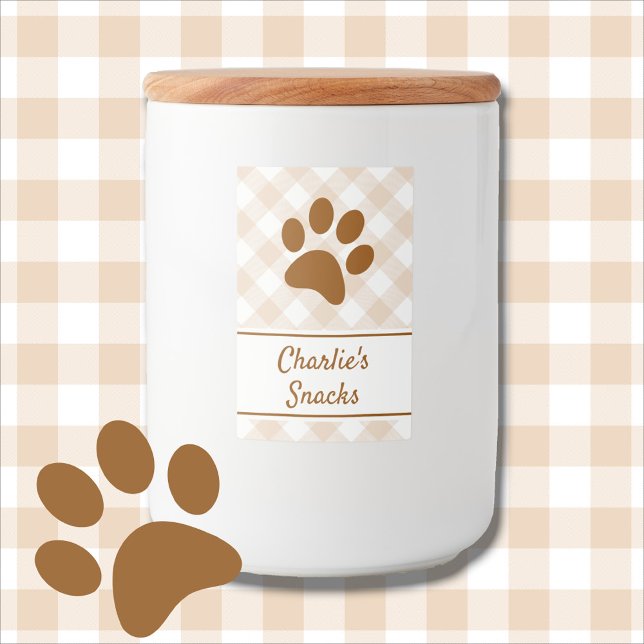 Rótulo Para Comida Neutral Brown Beige White Gingham Pattern Paw Name (Criador carregado)