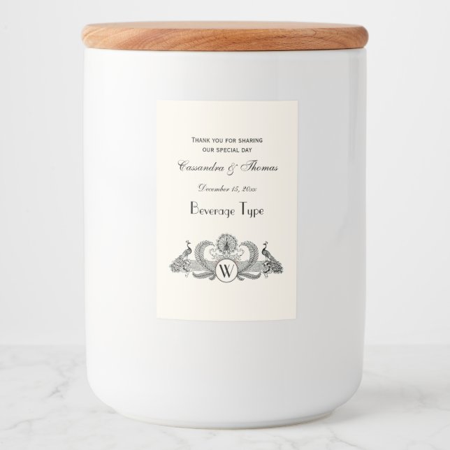 Rótulo Para Comida Pavões Vintage Monograma Marfim BG (Frente)