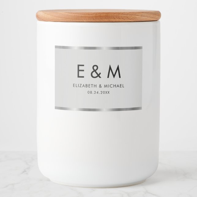 Rótulo Para Comida Salve a Data Monograma de Texto Elegante Prata na  (Frente)