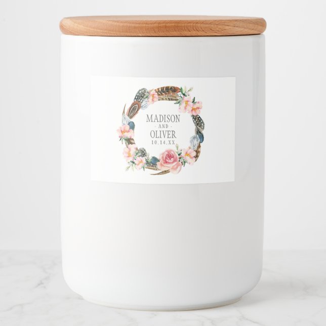 Rótulo Para Comida Solha Floral de Aquarela com Penas | Casamento (Frente)