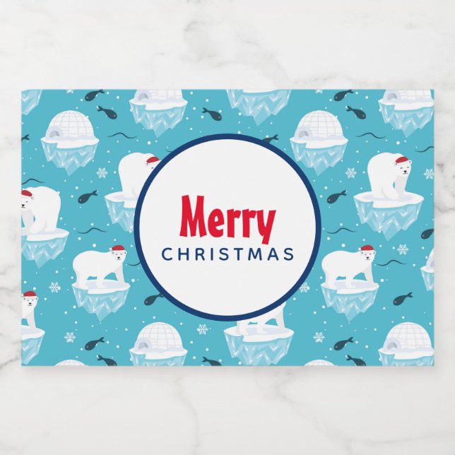 Rótulo Para Comida Ursos Polares Bonitos em Santa Hats, Padrão de Nat (Rótulo Único)