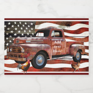 Rótulo Para Comida Vintage Red Truck American Flag Rooster Hen