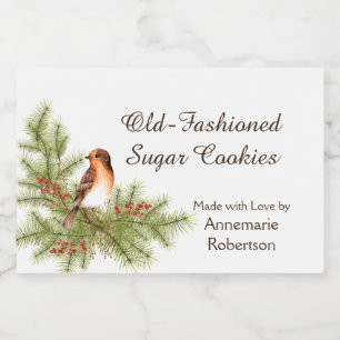 Rótulo Para Comida Watercolor Pine de Pássaro de Natal Holly Berries