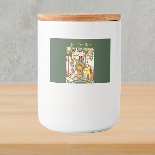 Rótulo Para Comida Western American Indian Woods Dark Green (Western American Indian lady embroidery texture in woods waterfall tepee on green food jar label.)