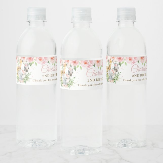 Rótulo Para Garrafa D'água Aniversário da Jungle Animal Safari Rosa (Garrafas)