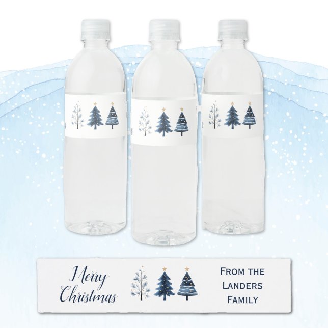 Rótulo Para Garrafa D'água Árvores de Natal Azuis e Douradas Personalizadas (Modern Blue and Gold Personalized Merry Christmas Tree Water Bottle Labels)