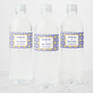 Rótulo Para Garrafa D'água Azulejos Portugueses Casamento Azul Mediterrâneo
