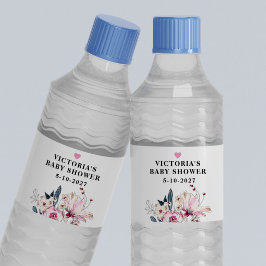 Rótulo Para Garrafa D'água Bebê Floral Rosa em Chá de fraldas Bloqueado