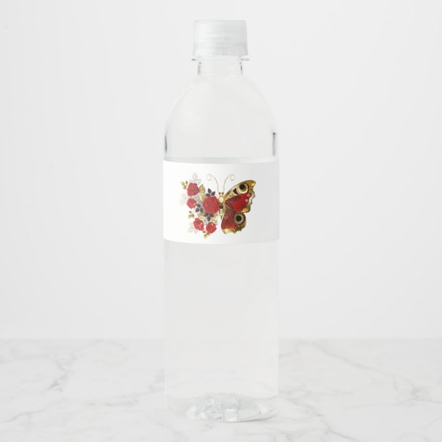 Rótulo Para Garrafa D'água Borboleta de flor vermelha com rosas vermelhas (Frente)