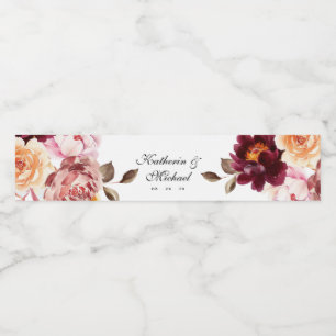 Rótulo Para Garrafa D'água Casamento de Watercolor Floral Burgundy