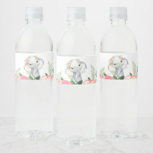 Rótulo Para Garrafa D'água Chá de Bebê Elefante Floral Aquarela Menina