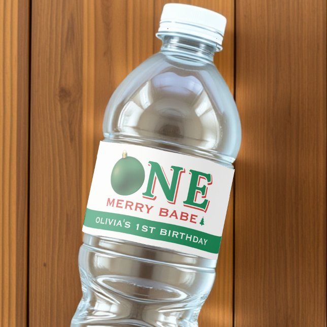 Rótulo Para Garrafa D'água Christmas 1st Birthday Party Festive Red & Green (Criador carregado)