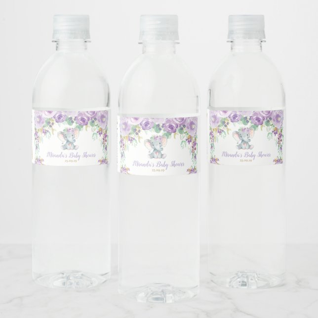 Rótulo Para Garrafa D'água Chuva Floral Fofa Elefante Baby Shower Menina (Garrafas)