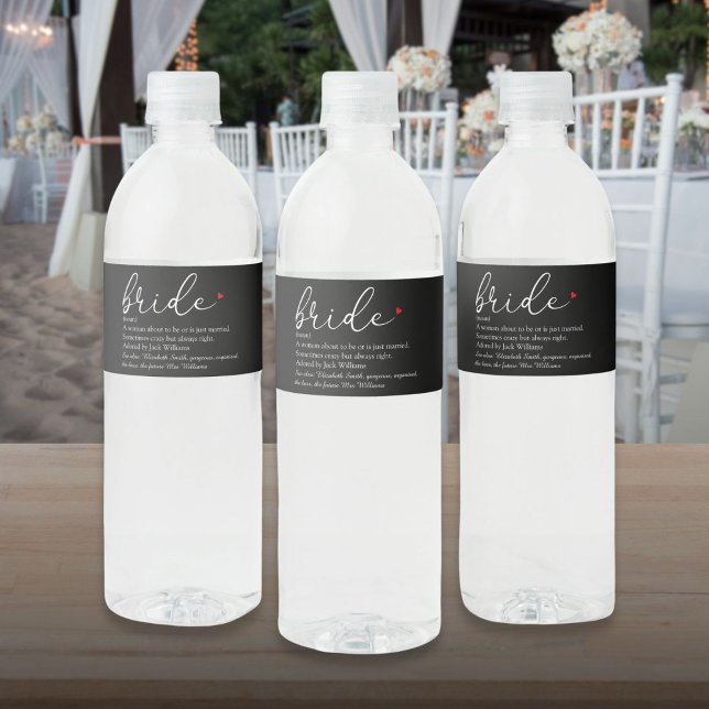 Rótulo Para Garrafa D'água Definição de Noiva, Roteiro Elegante para Chá de N (Bride Definition Bridal Shower Elegant Script Water Bottle Label)