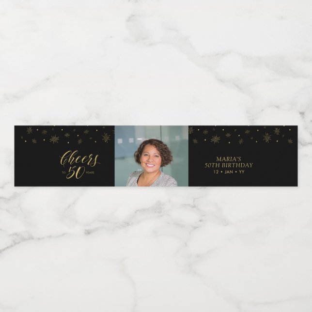 Rótulo Para Garrafa D'água Dourado e Preto Cheers 50 anos, 50ª Festa de anive (Rótulo Único)