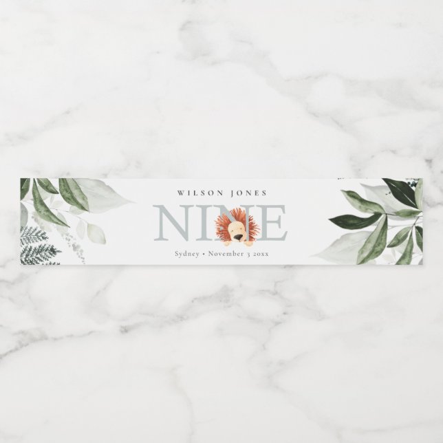 Rótulo Para Garrafa D'água Folhagem de Leão Azul Cuta e Azul 9.º Aniversário (Rótulo Único)