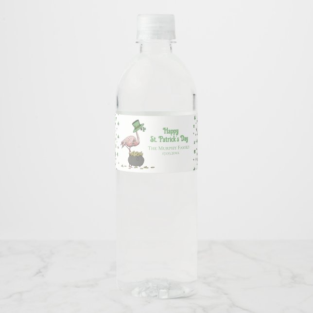 Rótulo Para Garrafa D'água Irish Shamrock Pink Flamingo St Patricks Day (Frente)