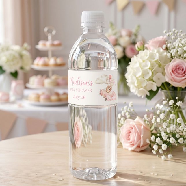 Rótulo Para Garrafa D'água Mal Podemos Esperar Bebida para Chá de Bebê Menina (We Can Bearly Wait Teddy Bear Airplane Beverage Water Bottle Label | Girl Baby Shower)
