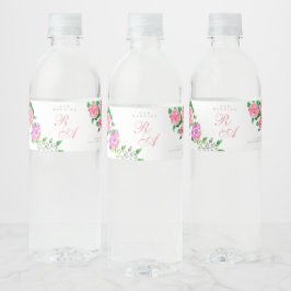 Rótulo Para Garrafa D'água Monograma de casamento com fita de rosa rosa