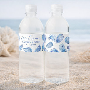 Rótulo Para Garrafa D'água Oyster Azul Aquarela Favor de Casamento