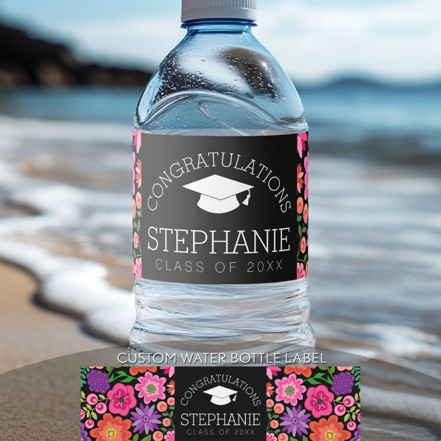 Rótulo Para Garrafa D'água Parabéns Graduada Flores Femininas de Graduação (Custom Graduation Water Bottle Label)