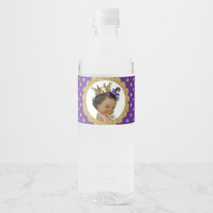 Rótulo Para Garrafa D'água Princesa Coroa Afro-Americana Dourada Roxa