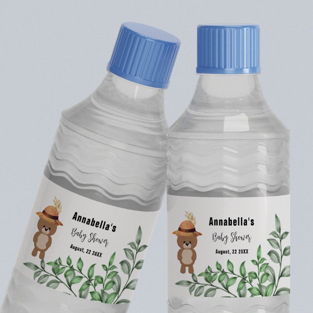 Rótulo Para Garrafa D'água Urso Bonito no Chá de fraldas de Madeira (Criador carregado)